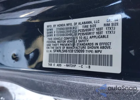 2014 Honda Odyssey Ex-L z USA, uszkodzony, nr VIN 5FNRL5H61EB129099